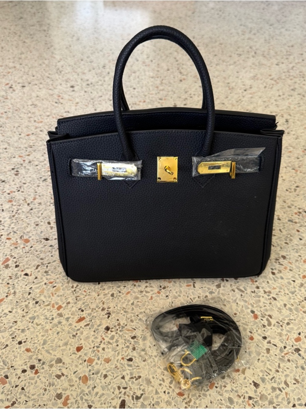 Black Structured Top-Handle Women's Bag with Gold Hardware - Vegan Leather